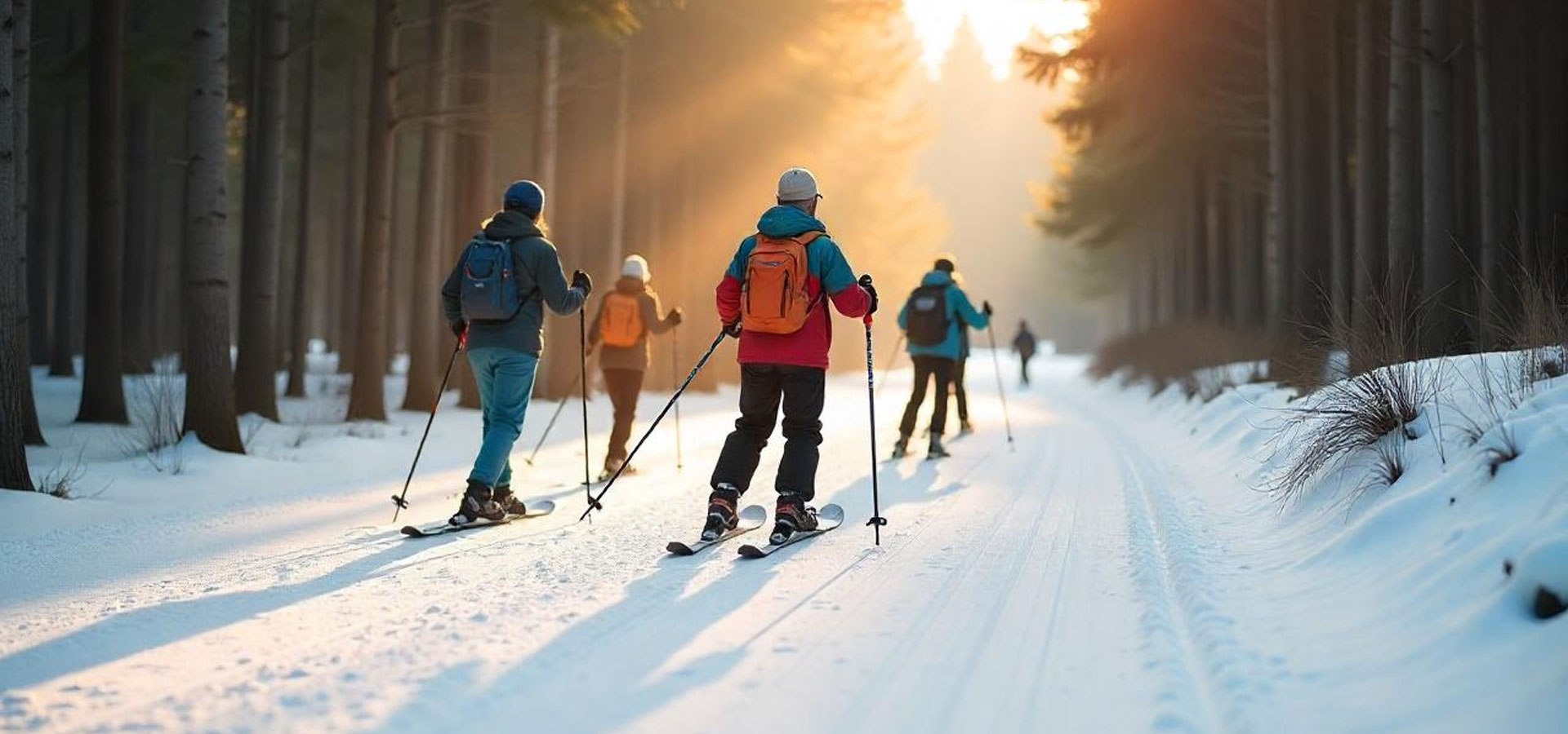 Eine Gruppe aktiver Menschen läuft Langlaufski auf schneebedecktem Waldweg