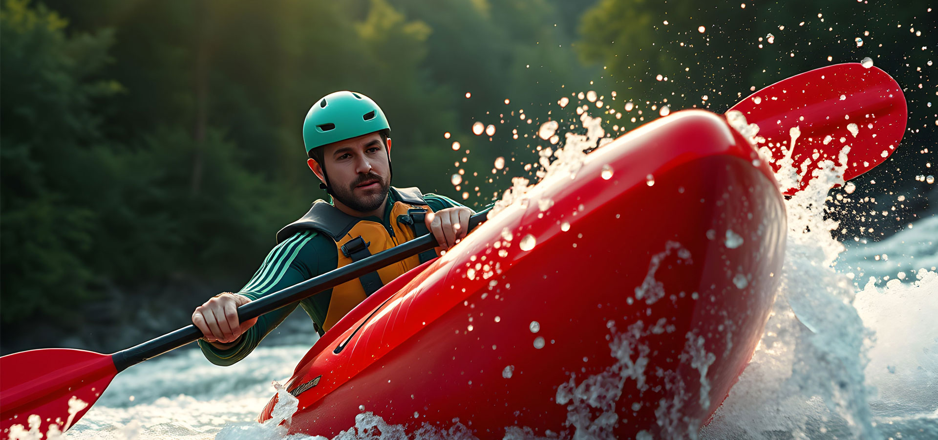 Ein Mann mit grünem Helm und rotem Kajak rudert im Wildwasser. Im Hintergrund ist ein Wald zu sehen